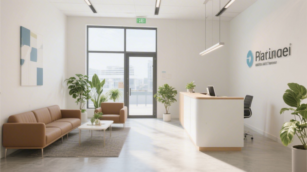Bright office entrance with seating area, indoor plants and a minimal reception desk, showing professional yet welcoming workspace atmosphere.