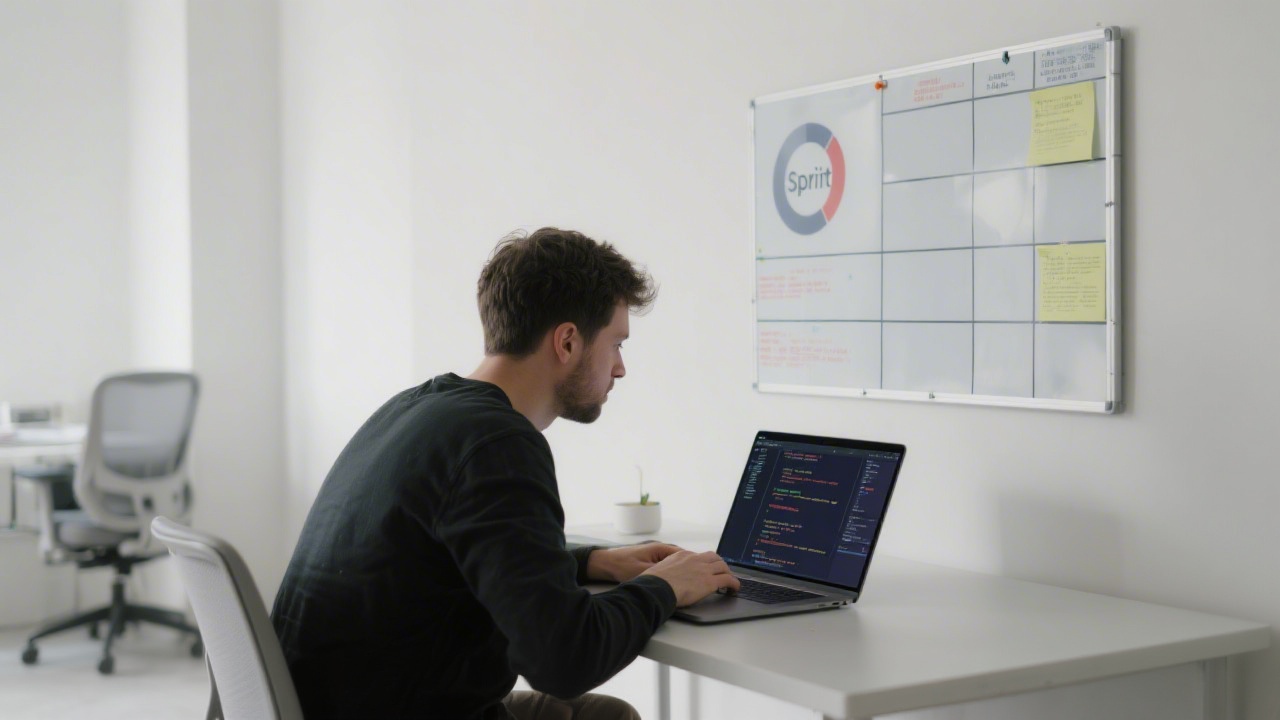 Software developer working on laptop with code editor open, sprint board in background and minimal office setup, showing focused and tidy working environment.