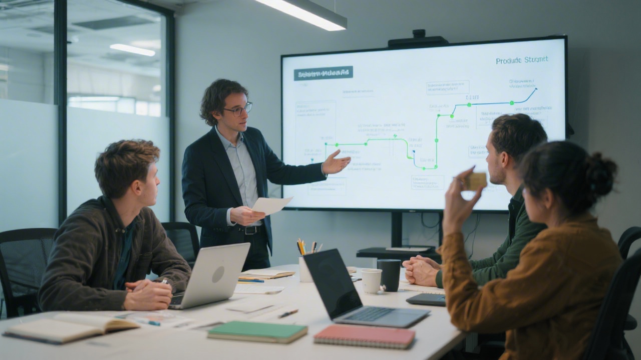 Startup workshop scene with laptops, notebooks and team members discussing product roadmap on a large screen, modern office environment with calm lighting and organized workspace.