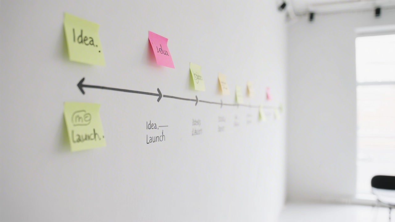 Clean visual timeline on a wall with sticky notes, showing sequential steps from idea to launch, minimalistic design in a bright studio environment.