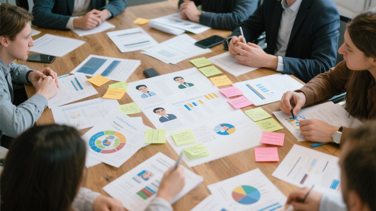 Product discovery session with sticky notes, user personas and market research documents spread on a large table, indicating systematic analysis and collaboration.