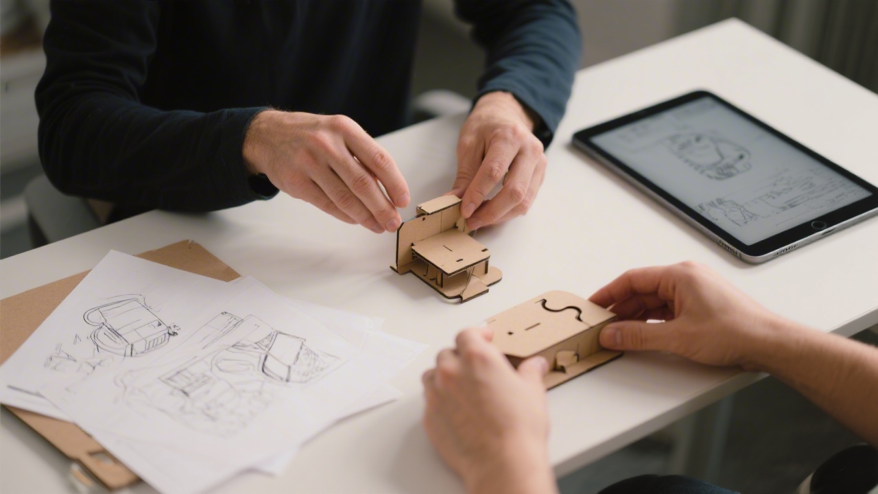 Hands assembling a low-fidelity product prototype with paper sketches and digital tablet on a desk, showcasing early stage product design activity.