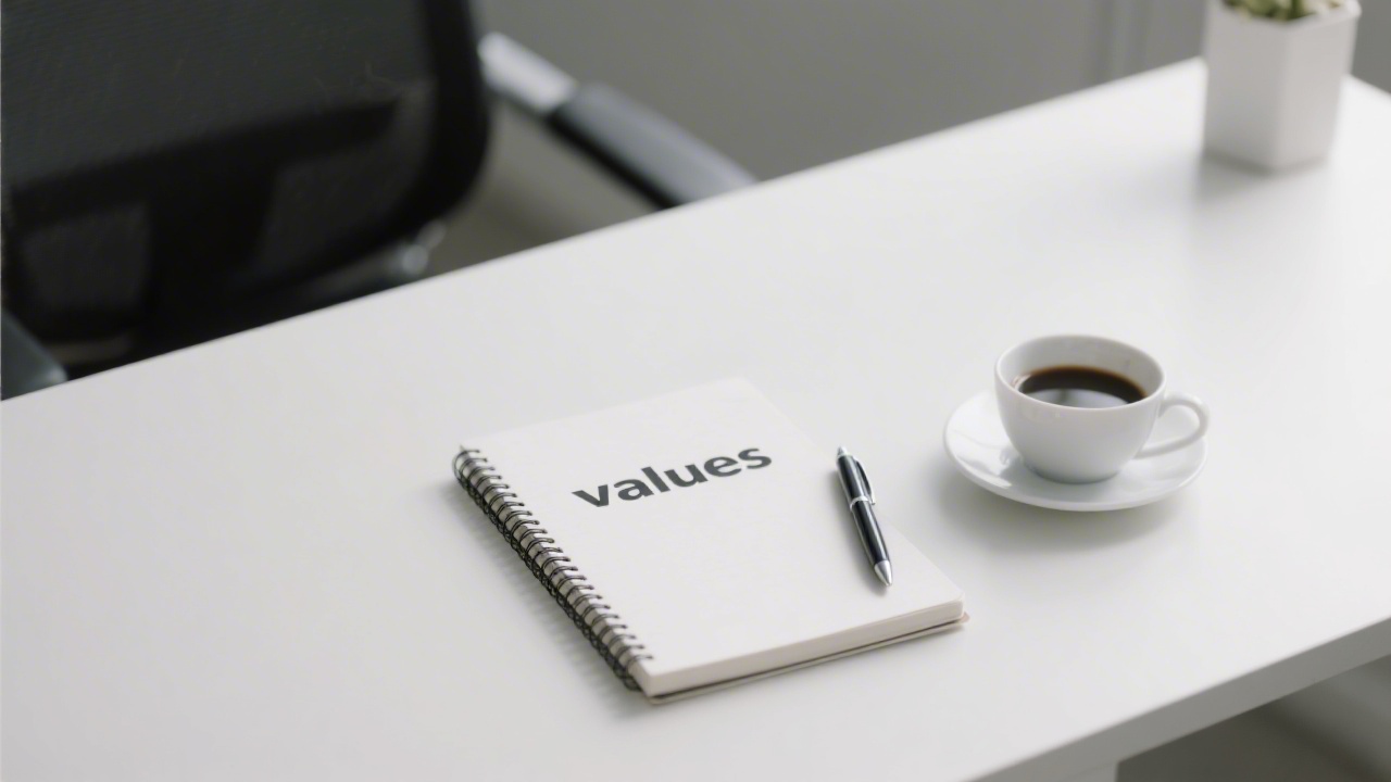 Minimalistic office scene with a notebook titled values, pen and coffee on a clean desk, showing calm atmosphere and focus on principles.
