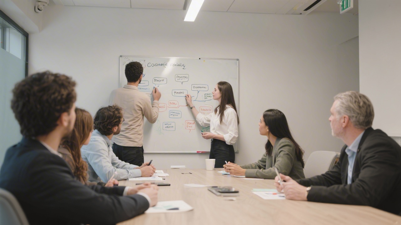 Facilitated validation workshop with participants mapping customer pain points on a whiteboard, modern meeting room with neutral decor and focused team collaboration.